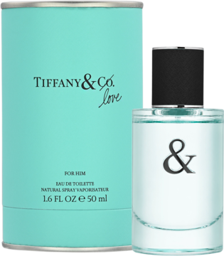Męska woda toaletowa Tiffany & Co. Love for Him 50ml. Butelka z '&' i turkusowe opakowanie z logo.
