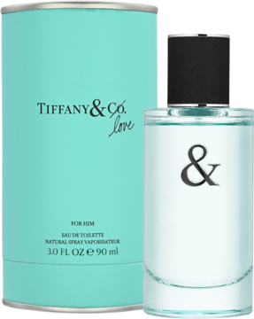 Tiffany & Co. Love for Him woda toaletowa, flakon obok turkusowego pudełka z logo, widok z przodu.