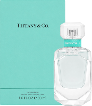 Damska woda perfumowana Tiffany & Co. w krystalicznej butelce obok turkusowego pudełka, widok z przodu.
