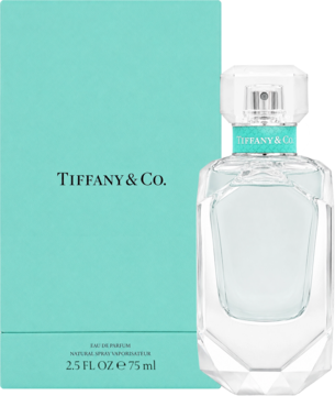 Tiffany & Co. Eau de Parfum w fasetowanej szklanej butelce i turkusowym pudełku z logo, widok z przodu, lekko pod kątem.