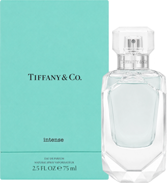 Damska woda perfumowana Tiffany & Co. Intense, turkusowe pudełko i przezroczysty fasetowany flakon.