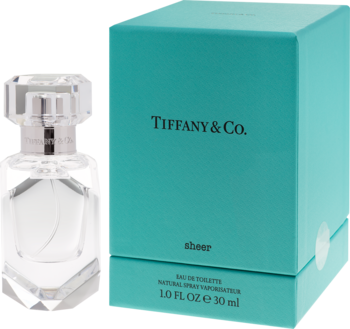 Tiffany & Co. Sheer woda toaletowa 30ml: przezroczysty flakon i turkusowe pudełko, widok z przodu.