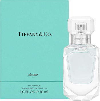 Tiffany & Co. Sheer pudrowo-kwiatowa woda perfumowana. Butelka obok błękitnego pudełka 30ml, widok z przodu.