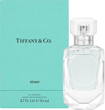 Damska woda toaletowa Tiffany & Co. Sheer, pudrowo-kwiatowy zapach, turkusowe pudełko i butelka.