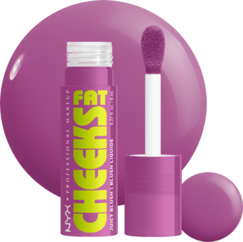 NYX FAT CHEEKS soczysty róż w płynie, purpurowa butelka z limonkowym napisem, otwarta z aplikatorem, na fioletowym tle.