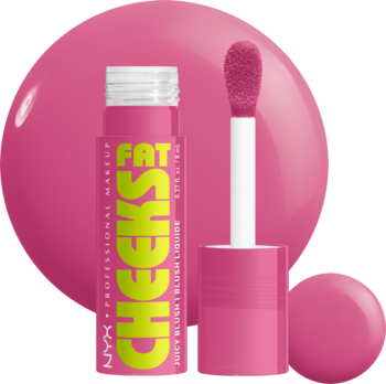 NYX Fat Cheeks Juicy Blush Liquid, różowy róż z zielonym napisem, butelka z aplikatorem, na różowym tle.