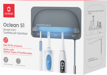 Oclean S1 Smart UVC Toothbrush Sanitizer w szarym pudełku, prezentujący uchwyt UVC z dwiema szczoteczkami.
