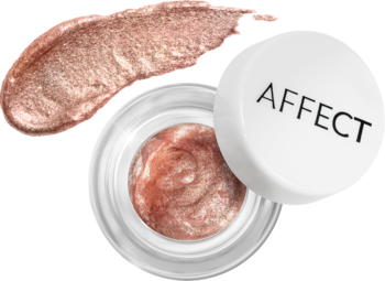 Affect Eyeconic Mousse cień do powiek E-0004 Super Star w otwartym słoiczku, z błyszczącym różowo-złotym swatche.
