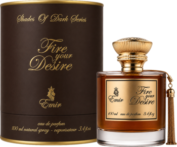 Emir Fire Your Desire EDP: bursztynowy flakon z ozdobnym złotym korkiem i frędzlem obok ciemnego, okrągłego pudełka.