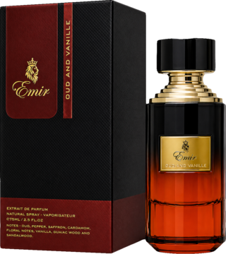 Woda perfumowana Emir Oud i Vanille. Bursztynowa butelka z czarnym topem i złotym korkiem obok czarno-czerwonego pudełka.