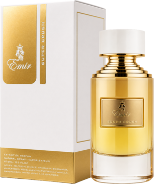 Woda perfumowana Emir Super Crush, złota butelka z białą etykietą, obok biało-złote pudełko, widok z przodu.