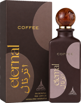 Woda perfumowana Paris Corner Eternal Coffee; butelka i pudełko w odcieniach brązu z kawowym motywem, przód.