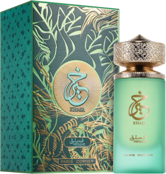 Unisex Paris Corner Khair Pistachio EDP: zielony, matowy flakon ze złotym korkiem i eleganckie pudełko.