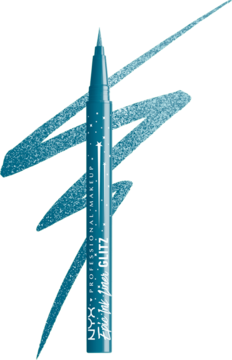 Metaliczny eyeliner NYX Epic Ink Glitz w kolorze teal, brokatowy. Widok z przodu, z błyszczącą kreską i precyzyjnym pędzelkiem.