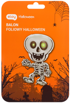 Opakowanie balonu foliowego Halloween z wizerunkiem uśmiechniętego szkieletu o zielonych oczach, na pomarańczowym tle.
