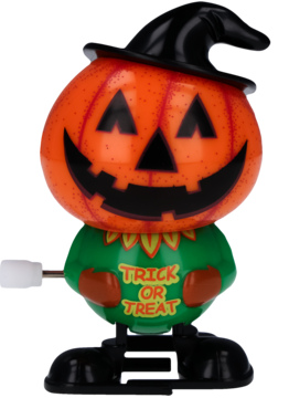 Nakręcana figurka Halloween: pomarańczowa dynia z kapeluszem wiedźmy, zielonym ubraniem, widok z boku.