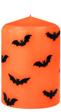 Pomarańczowa świeca filarowa z motywem Halloween: czarne nietoperze, widok z przodu, gładka powierzchnia.