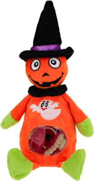 Fluffy Halloween friend: orange plush pumpkin toy with witch hat, ghost, and candy-filled belly, front view.
