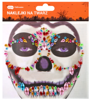 Halloweenowe naklejki na twarz z kolorowymi, błyszczącymi kryształkami w kształcie czaszki, widok z przodu.