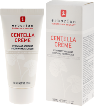 Biała tuba i pudełko kremu Erborian Centella Crème, nawilżającego i łagodzącego zaczerwienienia, widok z przodu.