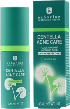 Zielona butelka i opakowanie Erborian Centella Acne Care fluidu z 1% bakuchiolem, przeciw niedoskonałościom.