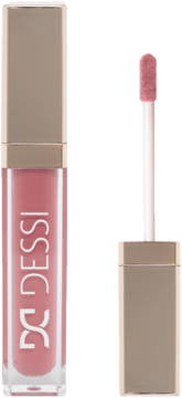 Płynna matowa pomadka DESSi w przezroczystej butelce, różowy kolor, obok aplikator, widok z przodu.