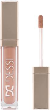 Matowa pomadka w płynie Dessi w cielistym beżu, otwarta obok złotego aplikatora z pędzelkiem.