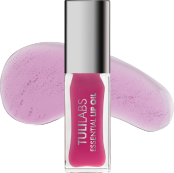Różowy olejek do ust Tuli Labs Essential Lip Oil Currant Bliss w butelce, z błyszczącymi próbkami koloru.