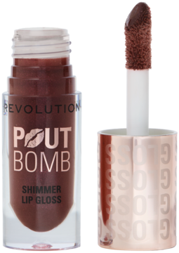 Revolution Pout Bomb Shimmer Lip Gloss Chocolate Sparkle otwarty, widok z przodu, z brązowym błyszczącym aplikatorem.