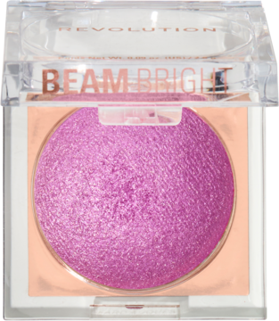 Róż Revolution Beam Bright Blush Lick of Lilac, lśniący, magenta-liliowy, w kwadratowym przezroczystym opakowaniu. Widok z góry.