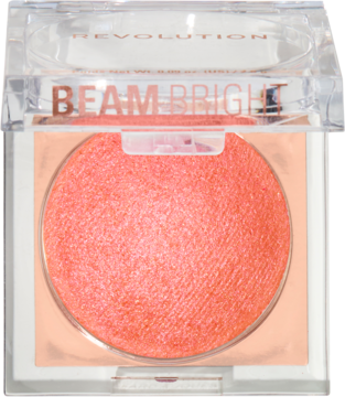 Revolution Beam Bright Peach Pop róż prasowany, świetlisty, koralowy, okrągły wkład w przezroczystym kwadratowym opakowaniu.