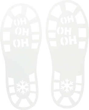 Dwa białe ślady stóp Świętego Mikołaja, z wzorem bieżnika HO HO HO i płatkami śniegu, na czarnym tle.