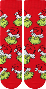 Para czerwonych skarpet z powtarzalnym wzorem zielonych twarzy Grincha w czapkach Mikołaja, widok z przodu.