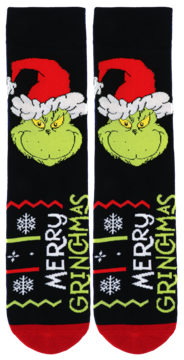 Para czarnych skarpet Grinch (40-45) z zieloną twarzą Grincha w czerwonej czapce, napisem 'MERRY GRINCHMAS'.