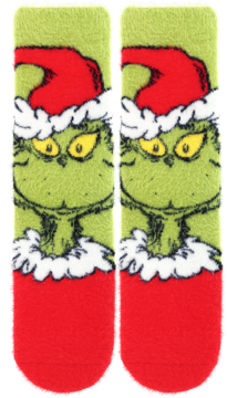 Puszyste, zielone skarpety Grinch rozmiar 35-40, z czerwoną czapką Mikołaja i żółtymi oczami, ułożone obok siebie.