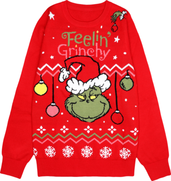 Czerwony sweter damski Grinch M, z postacią Grincha, napisem 'Feelin' Grinchy' i bombkami świątecznymi, przód.