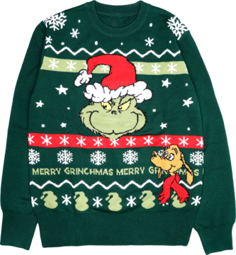 Zielony sweter męski Grinch z Grinchem w czapce, psem Maxem, napisem "MERRY GRINCHMAS" i śnieżynkami.