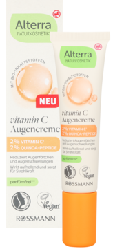 Alterra Vitamin C Eye Cream: biała tubka z pomarańczową nakrętką i pudełko z 2% wit. C i peptydami, widok ukośny.