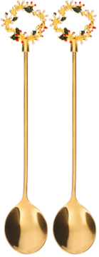 Dwie złote, lśniące łyżeczki koktajlowe z długimi uchwytami, z dekoracjami w postaci świątecznych wieńców.
