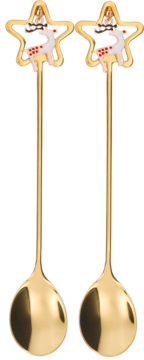 Dwa złote, długie łyżeczki z uchwytami w kształcie gwiazd z białym reniferem i wąsem, widok z przodu.