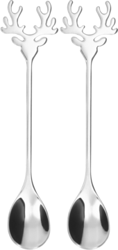 Dwie srebrne łyżeczki koktajlowe z rączkami w kształcie głowy jelenia z rogami, błyszczące, widok z przodu.