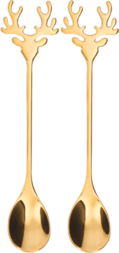 Dwie lśniące złote łyżeczki koktajlowe z unikatowymi rączkami w kształcie poroża renifera, widok z przodu.