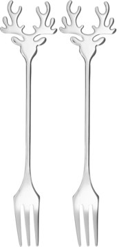 Dwa lśniące srebrne widelczyki deserowe, każdy z uchwytem stylizowanym na poroże jelenia, pionowo.