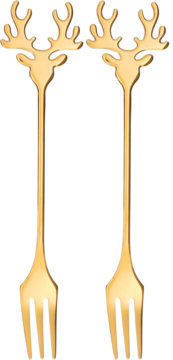 Dwa złote widelczyki deserowe z uchwytami w kształcie poroża jelenia, stojące pionowo na czarnym tle.