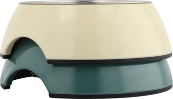 Podwyższona miska dla zwierząt, kremowa góra z metalowym rantem i ciemnozielona podstawa, widok z boku.