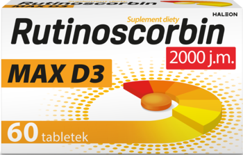 Białe opakowanie Rutinoscorbin MAX D3, 60 tabletek, 2000 j.m. z pomarańczowym paskiem, widok z przodu.