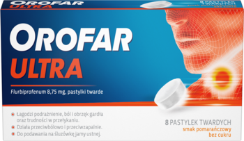 Niebiesko-białe opakowanie Orofar ULTRA na ból gardła, Flurbiprofen 8,75mg, pastylki o smaku pomarańczowym, widok z przodu.