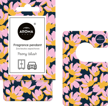 Aroma Car zapachowy wisiorek Peony Blush, z różowo-żółtym kwiatowym wzorem, widok opakowania i produktu.