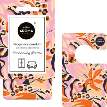 Zawieszka zapachowa AROMA HOME Enchanting Flower, z różowo-pomarańczowym wzorem kwiatów i cętek, widok z przodu.