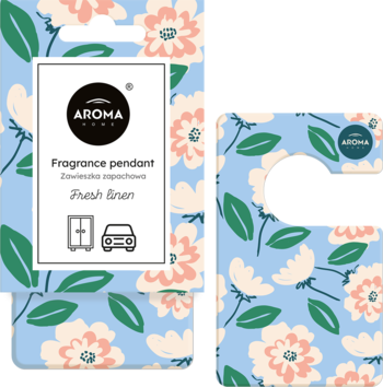AROMA HOME Fresh Linen zawieszka zapachowa, niebieskie opakowanie w kwiaty, z ikonami auta i szafy.